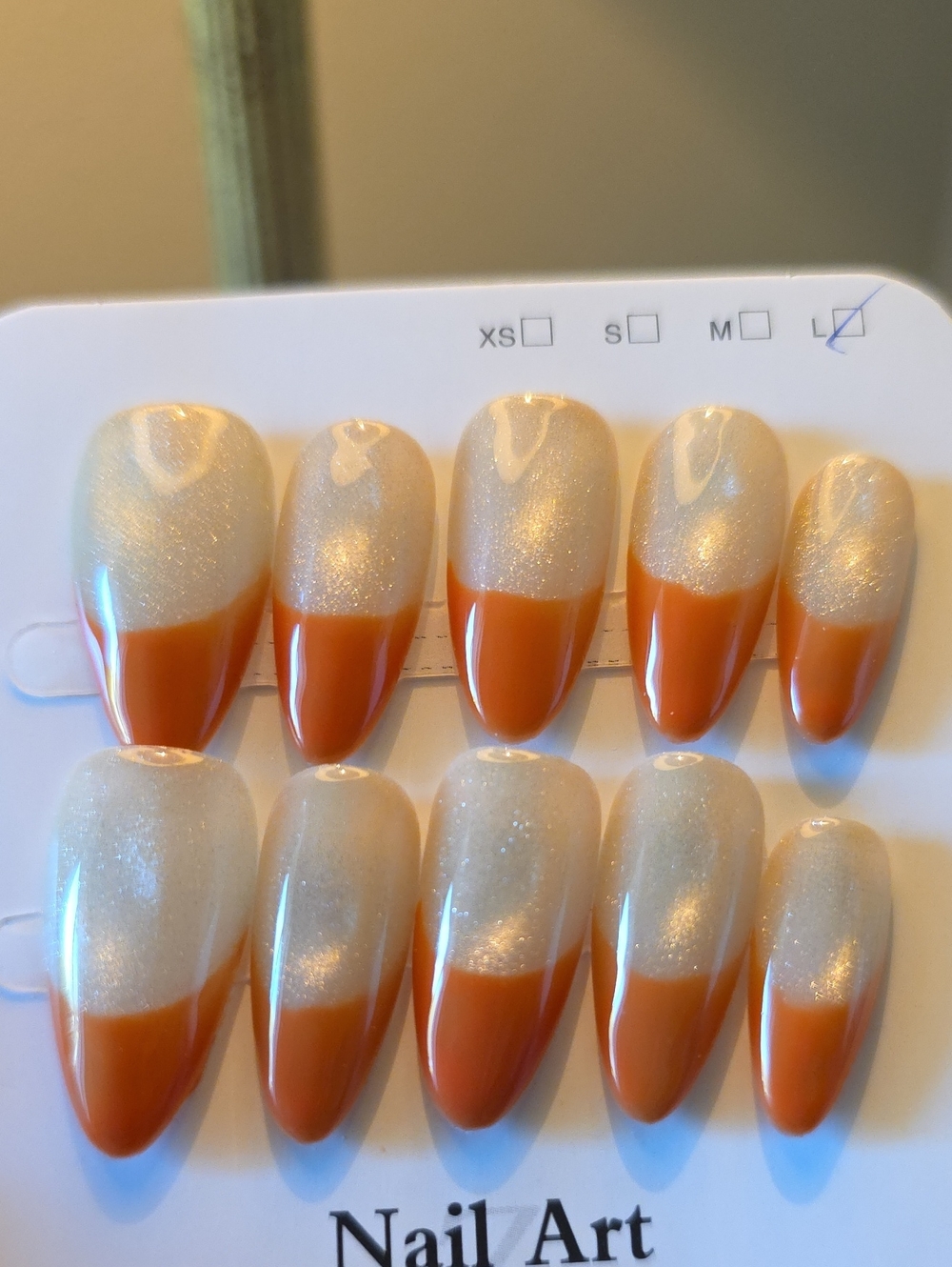 - Orange and Shimmery Pearl French Tip Set Size Large